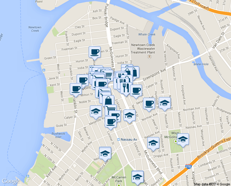 map of restaurants, bars, coffee shops, grocery stores, and more near 211 McGuinness Boulevard in Brooklyn