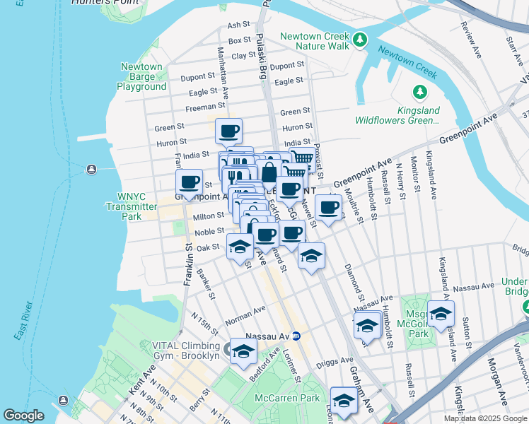 map of restaurants, bars, coffee shops, grocery stores, and more near 730 Leonard Street in Brooklyn