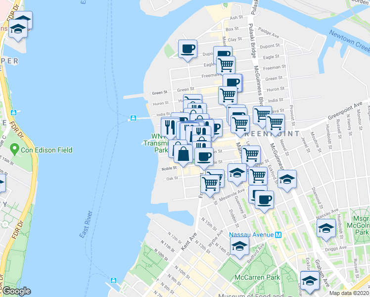 map of restaurants, bars, coffee shops, grocery stores, and more near 5658 Greenpoint Avenue in Brooklyn