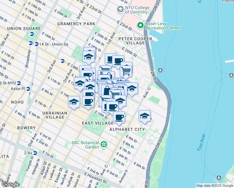 map of restaurants, bars, coffee shops, grocery stores, and more near 542f East 14th Street in New York