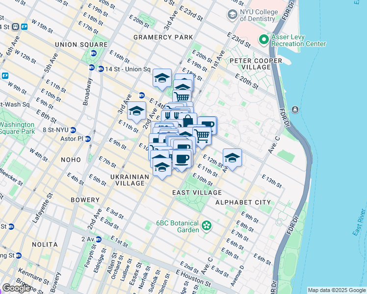 map of restaurants, bars, coffee shops, grocery stores, and more near 200 1st Avenue in New York