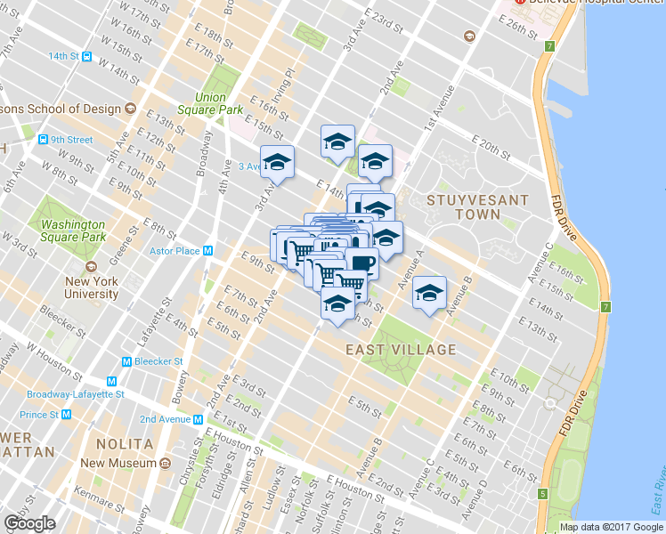map of restaurants, bars, coffee shops, grocery stores, and more near 342 East 11th Street in New York