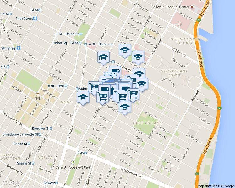 map of restaurants, bars, coffee shops, grocery stores, and more near 213 East 10th Street in New York