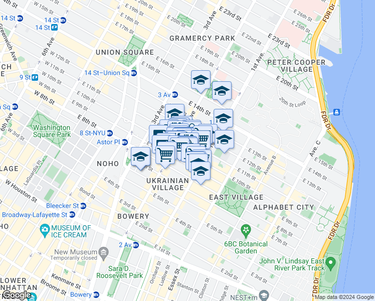 map of restaurants, bars, coffee shops, grocery stores, and more near 213 East 10th Street in New York
