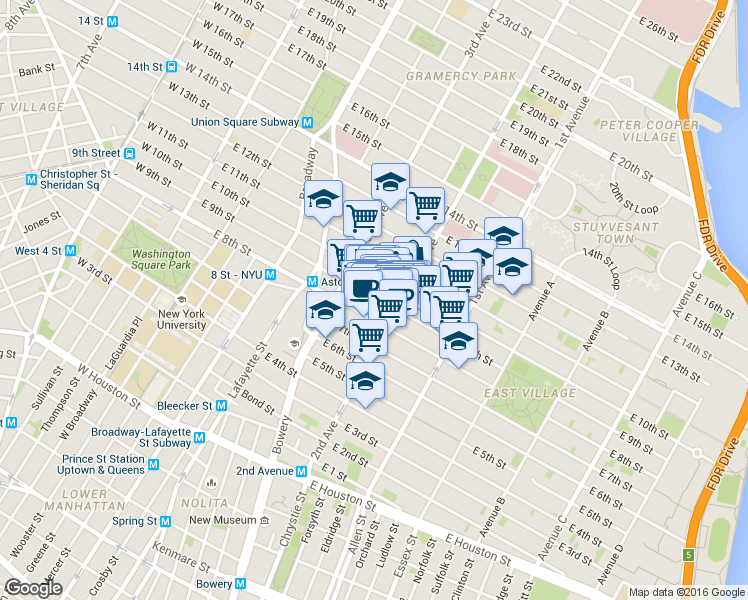 map of restaurants, bars, coffee shops, grocery stores, and more near 149 2nd Avenue in New York
