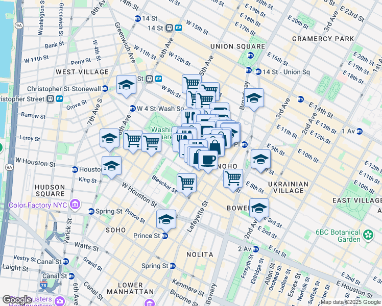 map of restaurants, bars, coffee shops, grocery stores, and more near 12 Washington Place in New York