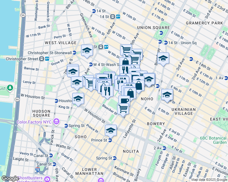 map of restaurants, bars, coffee shops, grocery stores, and more near 44 W 4th Street in New York