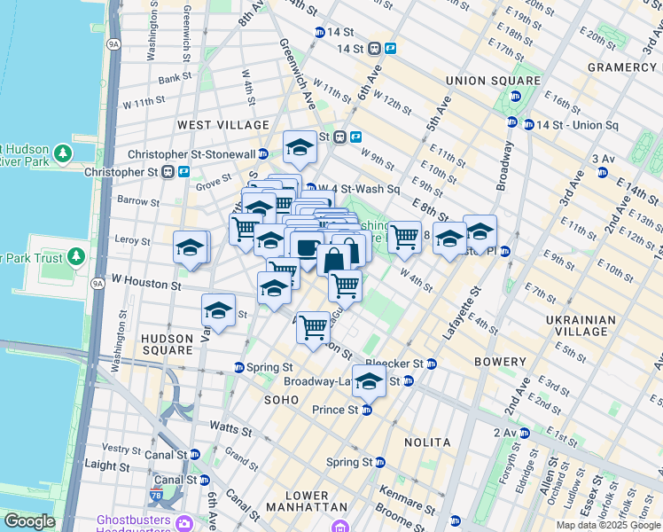 map of restaurants, bars, coffee shops, grocery stores, and more near 165 Bleecker Street in New York
