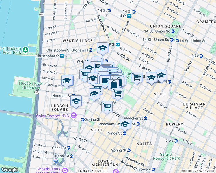 map of restaurants, bars, coffee shops, grocery stores, and more near 165 Bleecker Street in New York