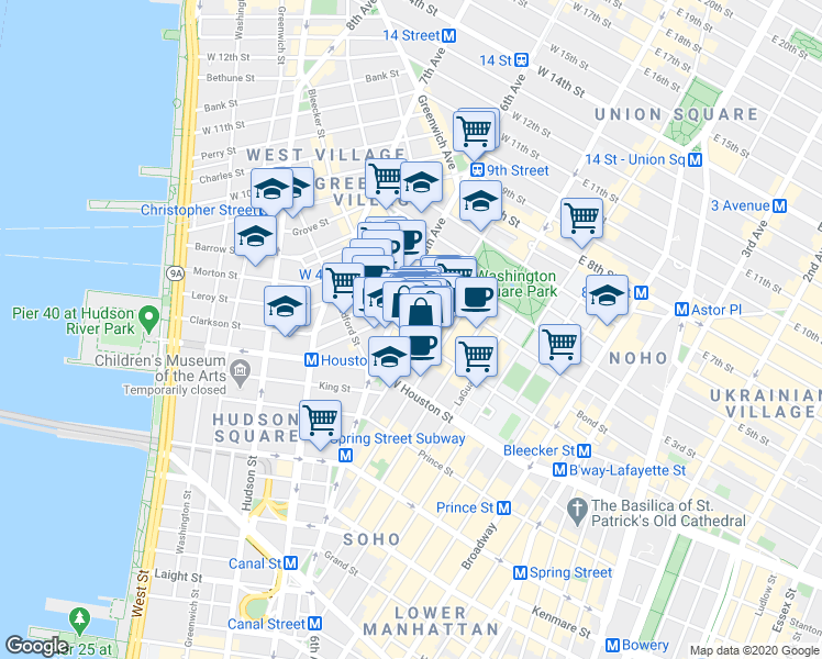 map of restaurants, bars, coffee shops, grocery stores, and more near 190 Bleecker Street in New York