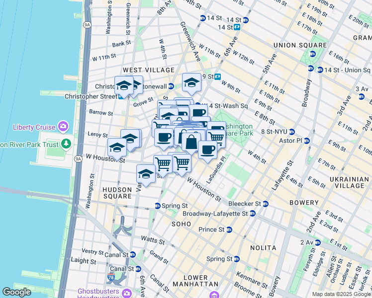 map of restaurants, bars, coffee shops, grocery stores, and more near 190 Bleecker Street in New York