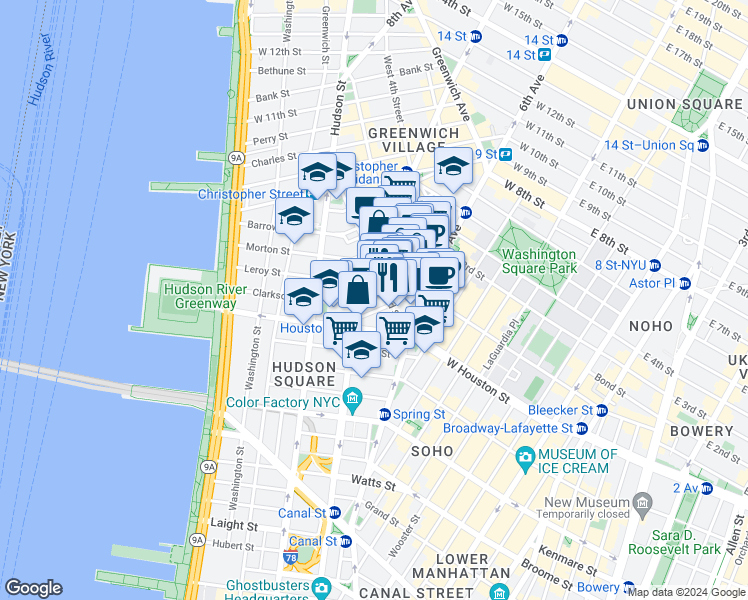 map of restaurants, bars, coffee shops, grocery stores, and more near 35 Bedford Street in New York