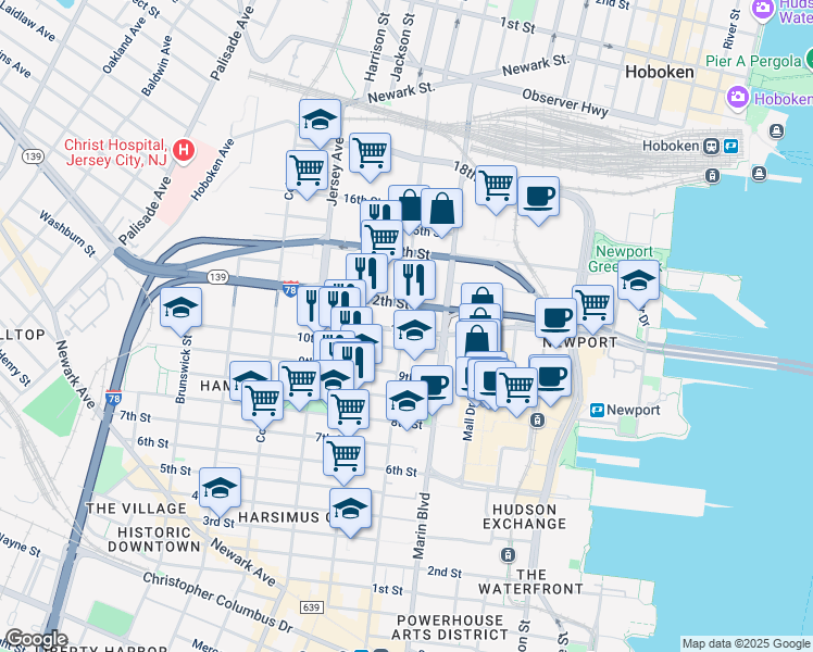 map of restaurants, bars, coffee shops, grocery stores, and more near 185 Interstate 78 in Jersey City