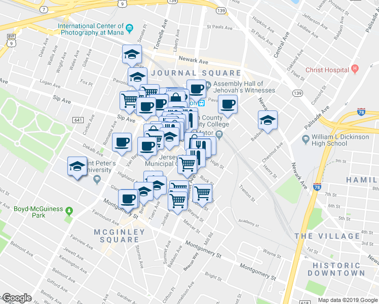 map of restaurants, bars, coffee shops, grocery stores, and more near 111-139 Tuers Avenue in Jersey City