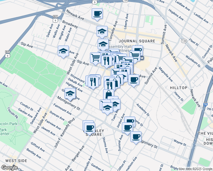 map of restaurants, bars, coffee shops, grocery stores, and more near 871 Bergen Avenue in Jersey City
