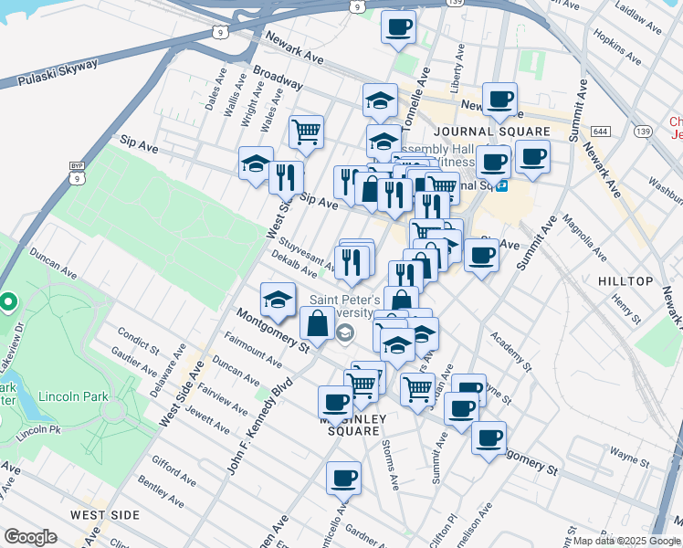 map of restaurants, bars, coffee shops, grocery stores, and more near 14 Garrison Avenue in Jersey City