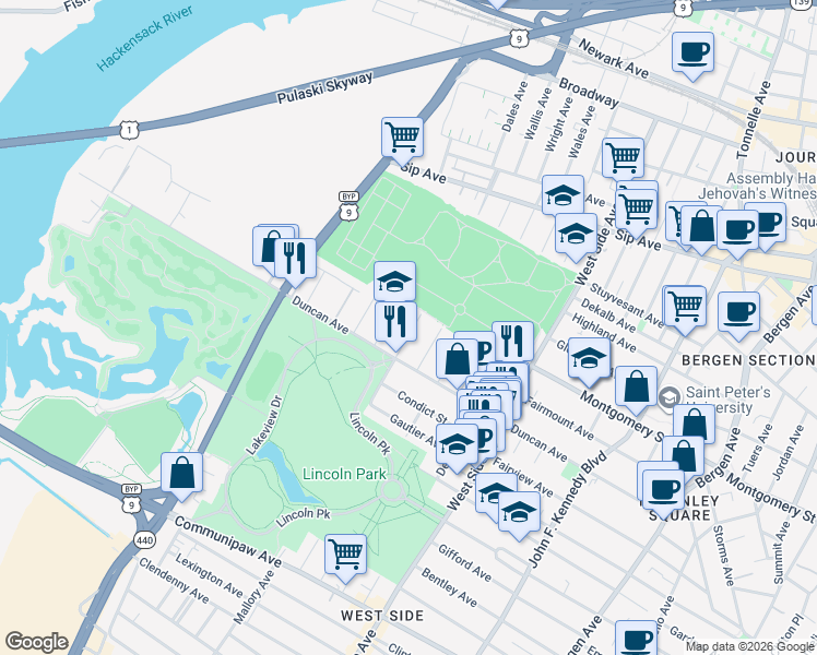map of restaurants, bars, coffee shops, grocery stores, and more near 451 Mallory Avenue in Jersey City