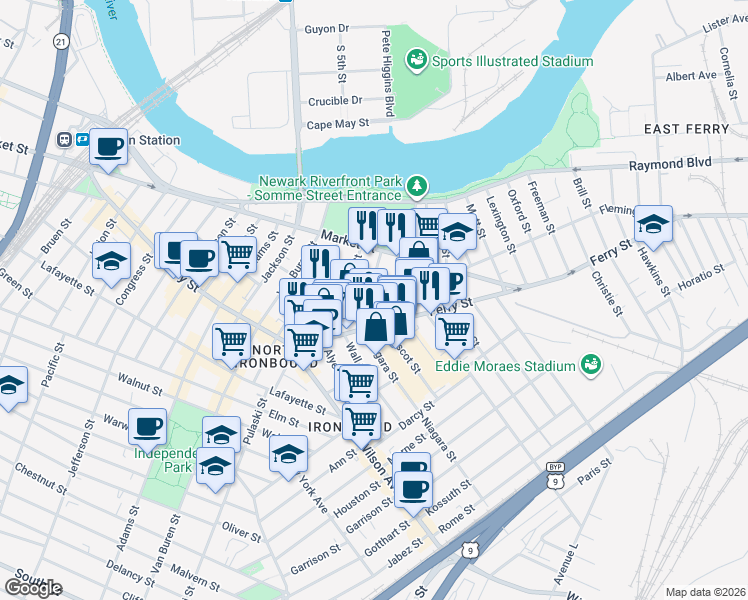 map of restaurants, bars, coffee shops, grocery stores, and more near 92 Chambers Street in Newark