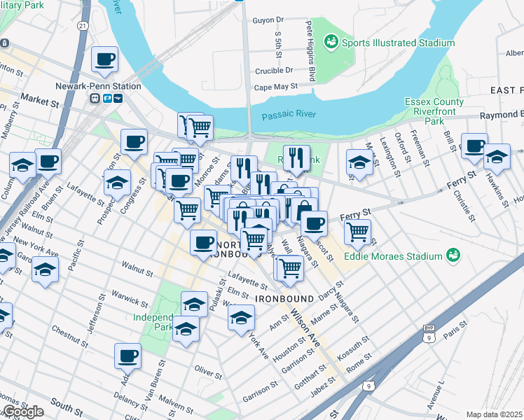 map of restaurants, bars, coffee shops, grocery stores, and more near 47 Clover Street in Newark