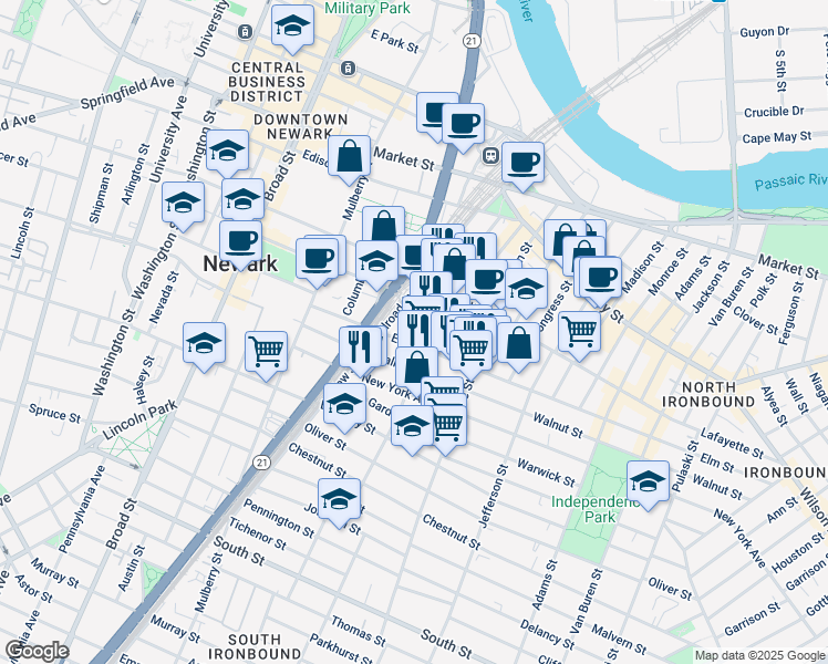 map of restaurants, bars, coffee shops, grocery stores, and more near 104 Bruen Street in Newark