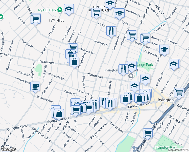 map of restaurants, bars, coffee shops, grocery stores, and more near 1406 Clinton Avenue in Irvington