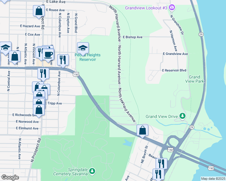 map of restaurants, bars, coffee shops, grocery stores, and more near 1901 East Purdue Street in Peoria