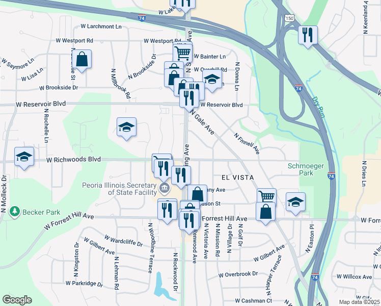 map of restaurants, bars, coffee shops, grocery stores, and more near 3408 North Sterling Avenue in Peoria