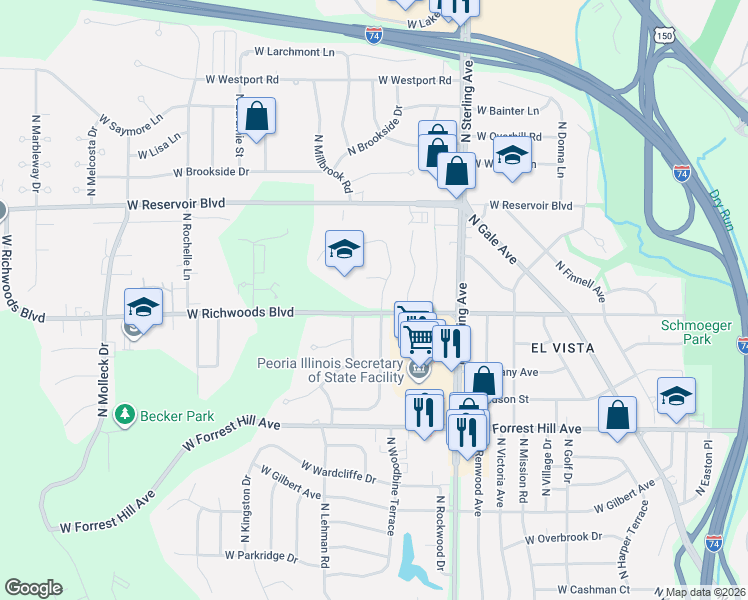 map of restaurants, bars, coffee shops, grocery stores, and more near 3411 North Elmcroft Terrace in Peoria