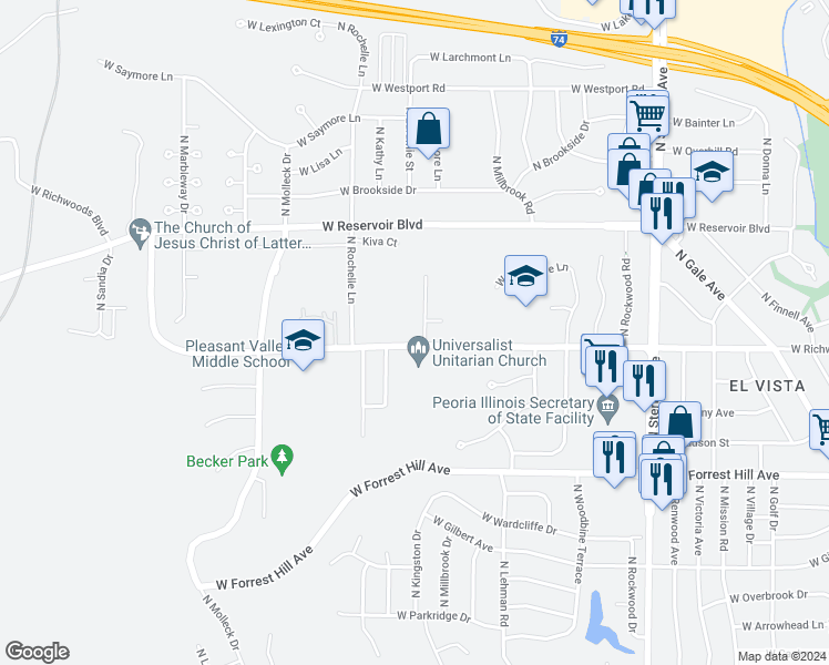 map of restaurants, bars, coffee shops, grocery stores, and more near 3405 North Kingston Drive in Peoria