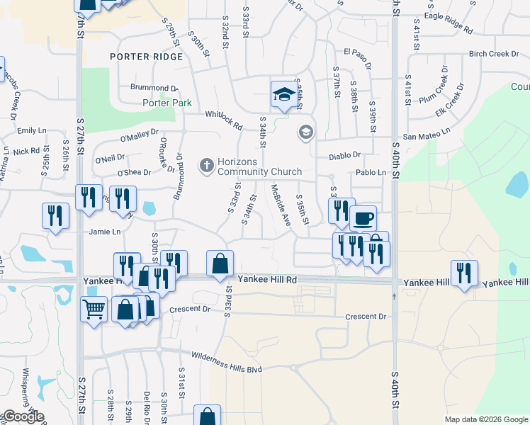 map of restaurants, bars, coffee shops, grocery stores, and more near 8022 South 34th Street in Lincoln