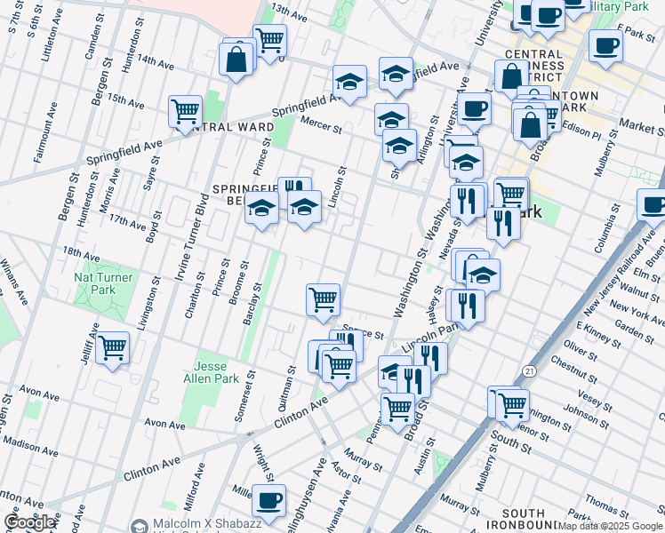 map of restaurants, bars, coffee shops, grocery stores, and more near 671 Doctor Martin Luther King Junior Boulevard in Newark