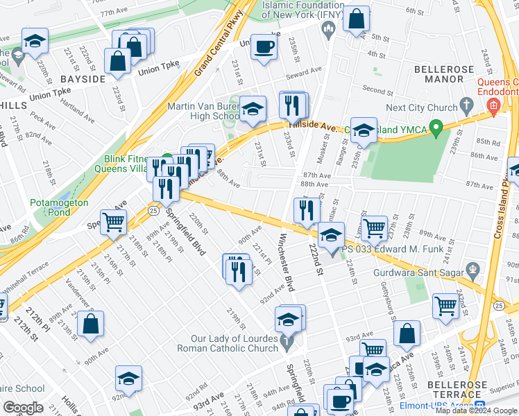 map of restaurants, bars, coffee shops, grocery stores, and more near 88-29 Billings Street in Queens