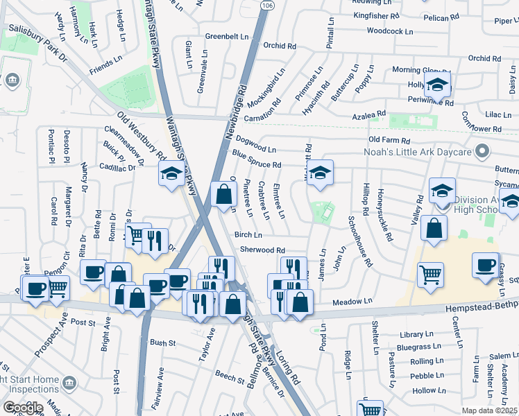 map of restaurants, bars, coffee shops, grocery stores, and more near 26 Crabtree Ln in Levittown