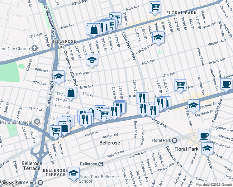 map of restaurants, bars, coffee shops, grocery stores, and more near 87-37 251st Street in Queens