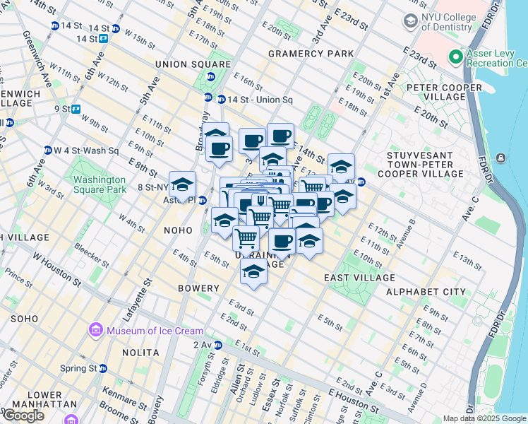 map of restaurants, bars, coffee shops, grocery stores, and more near 149 2nd Avenue in New York