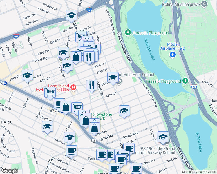 map of restaurants, bars, coffee shops, grocery stores, and more near 108-33 67th Avenue in Queens