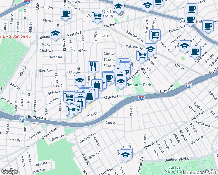 map of restaurants, bars, coffee shops, grocery stores, and more near 7343 Grand Avenue in Queens