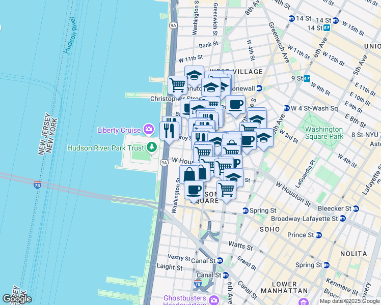 map of restaurants, bars, coffee shops, grocery stores, and more near 1168 Greenwich Street in New York