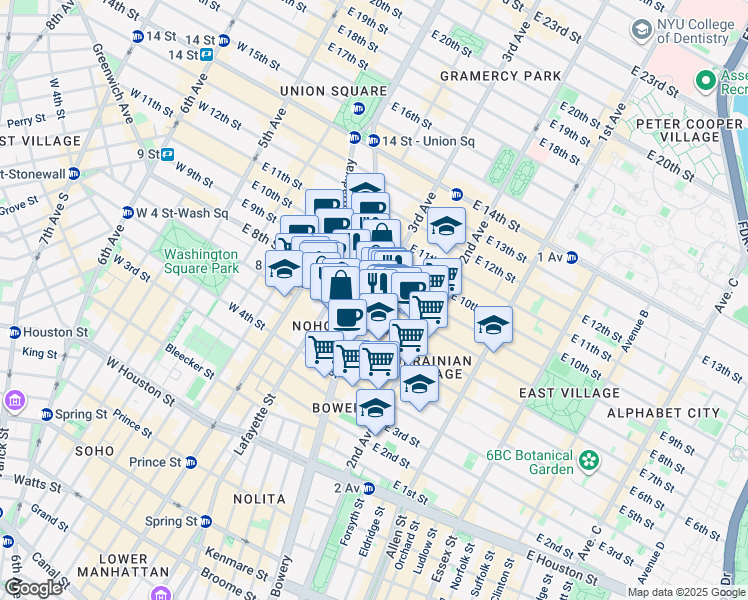 map of restaurants, bars, coffee shops, grocery stores, and more near 3rd Ave & St Mark's Pl in New York