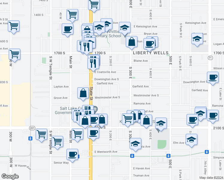 map of restaurants, bars, coffee shops, grocery stores, and more near 1873 South 200 East in Salt Lake City