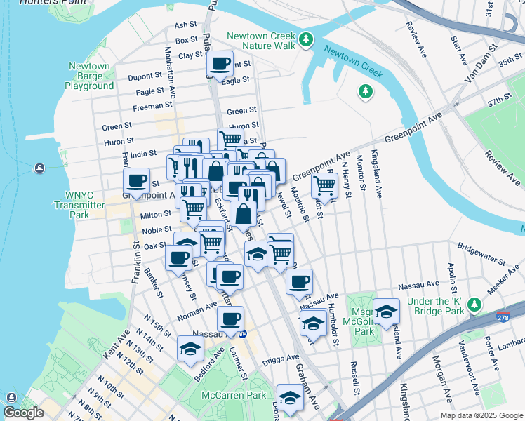 map of restaurants, bars, coffee shops, grocery stores, and more near 218 Newel Street in Brooklyn