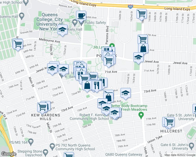 map of restaurants, bars, coffee shops, grocery stores, and more near 154-84 71st Avenue in Queens