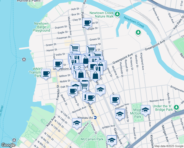 map of restaurants, bars, coffee shops, grocery stores, and more near 211 McGuinness Boulevard in Brooklyn