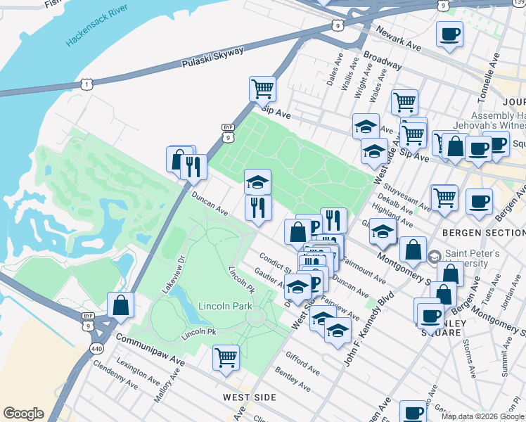 map of restaurants, bars, coffee shops, grocery stores, and more near in Jersey City