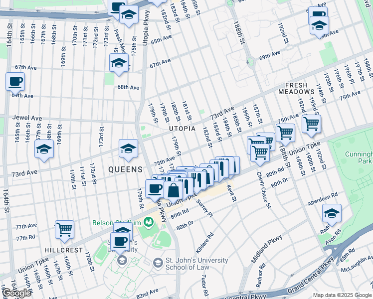 map of restaurants, bars, coffee shops, grocery stores, and more near 73-48 180th Street in Queens
