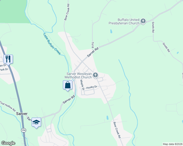 map of restaurants, bars, coffee shops, grocery stores, and more near 314 Bear Creek Rd in Sarver