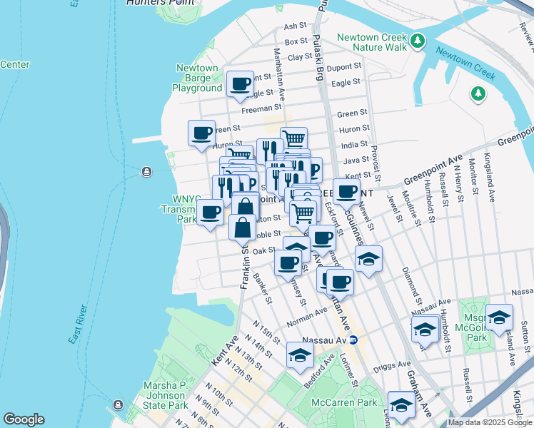 map of restaurants, bars, coffee shops, grocery stores, and more near 123 Milton Street in Brooklyn