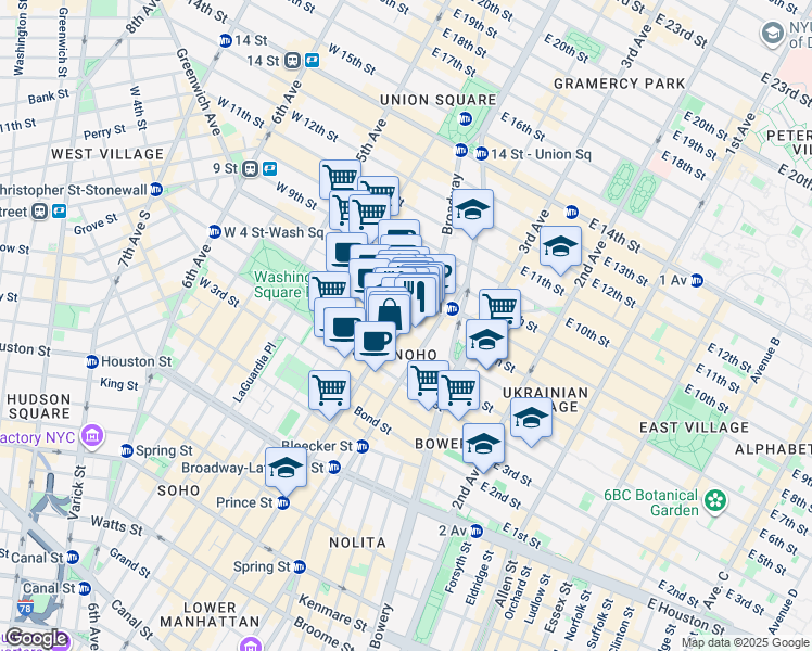 map of restaurants, bars, coffee shops, grocery stores, and more near 725 Broadway in New York