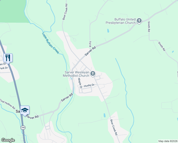 map of restaurants, bars, coffee shops, grocery stores, and more near 314 Bear Creek Road in Sarver