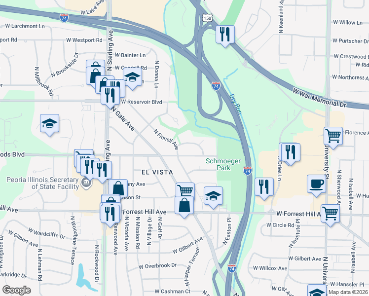 map of restaurants, bars, coffee shops, grocery stores, and more near 2044 West Wilson Avenue in Peoria